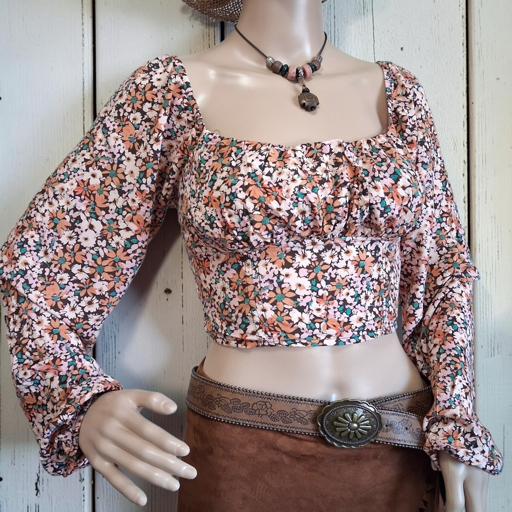 Retro 70s Inspired Floral Crop Top Balloon Sleeves Corset Bust Off Shoulder XS